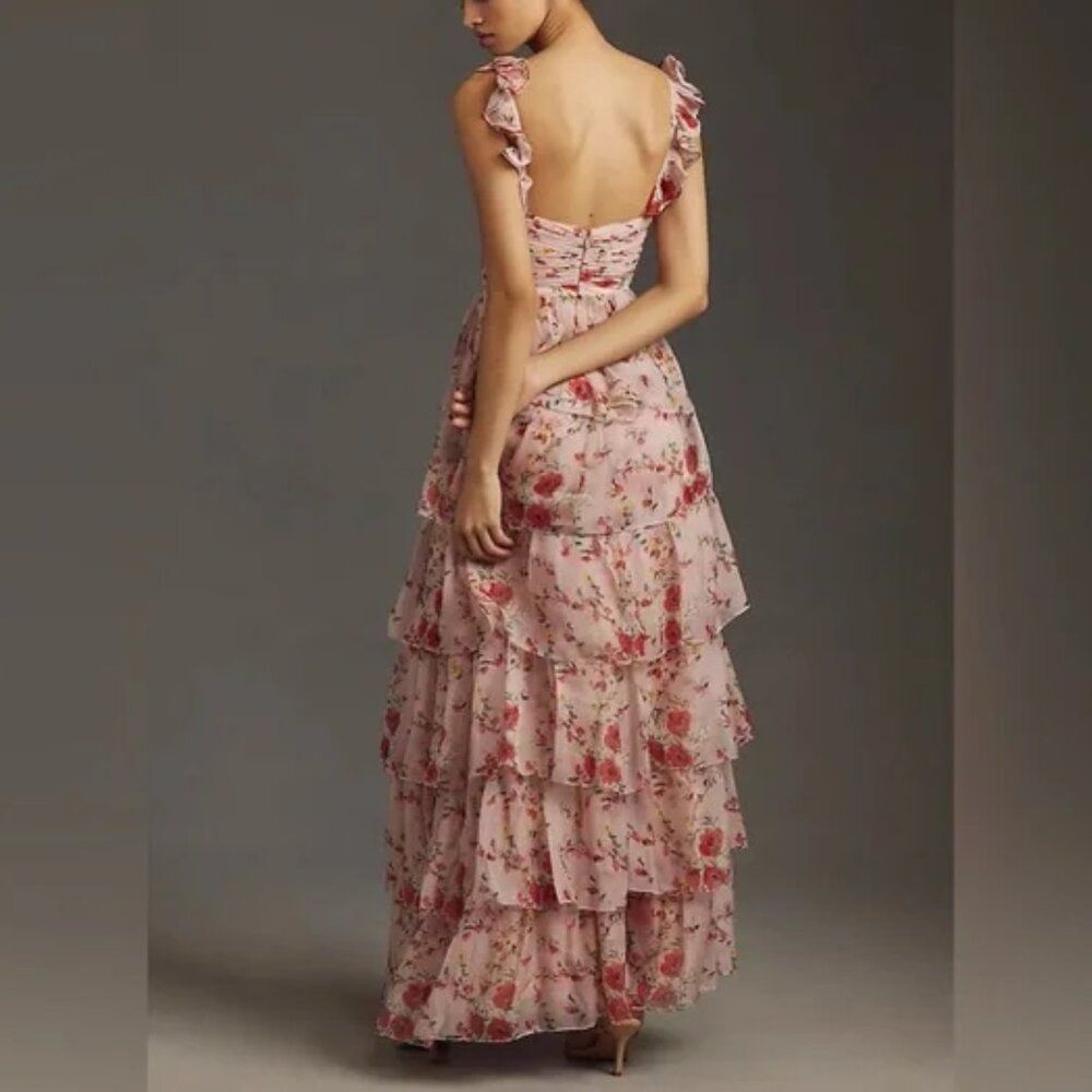 Mac Duggal 55816 Womens Pink Ruffled Sleeveless Draped Tiered Floral Print Gown - Picture 3 of 15